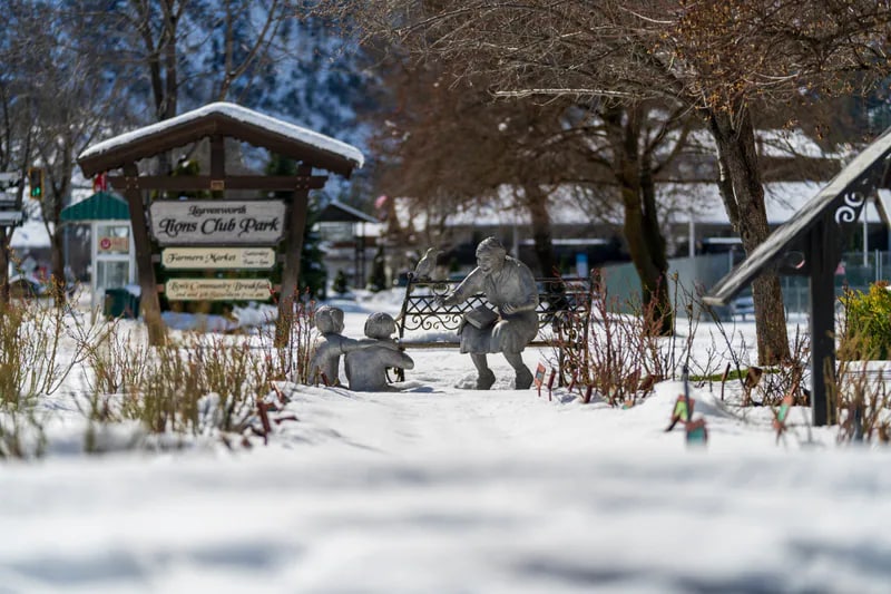 Snow-covered Lions Club Park in Leavenworth, Washington