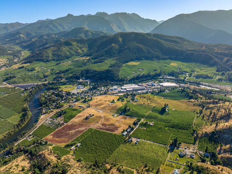 Aerial view of orchards and mountain foothills near Peshastin, Washington